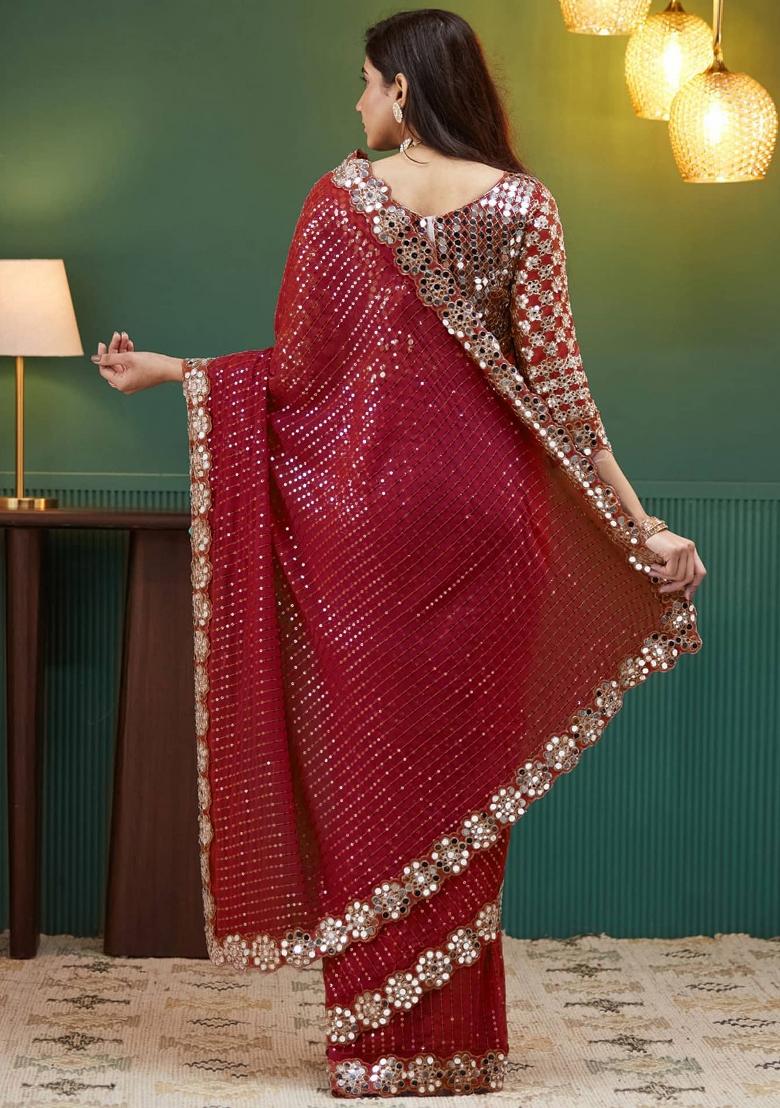 Red Sequin Embroidered Georgette Saree Set