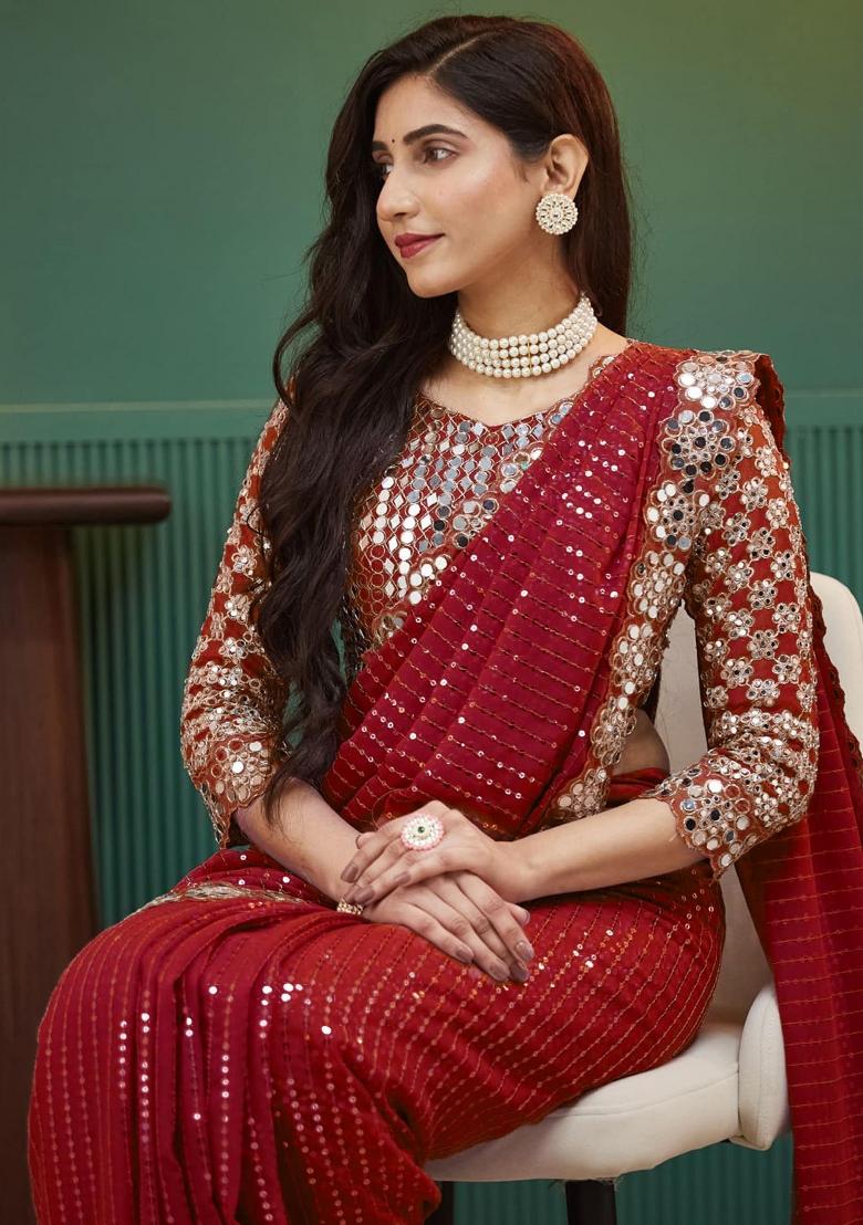 Red Sequin Embroidered Georgette Saree Set