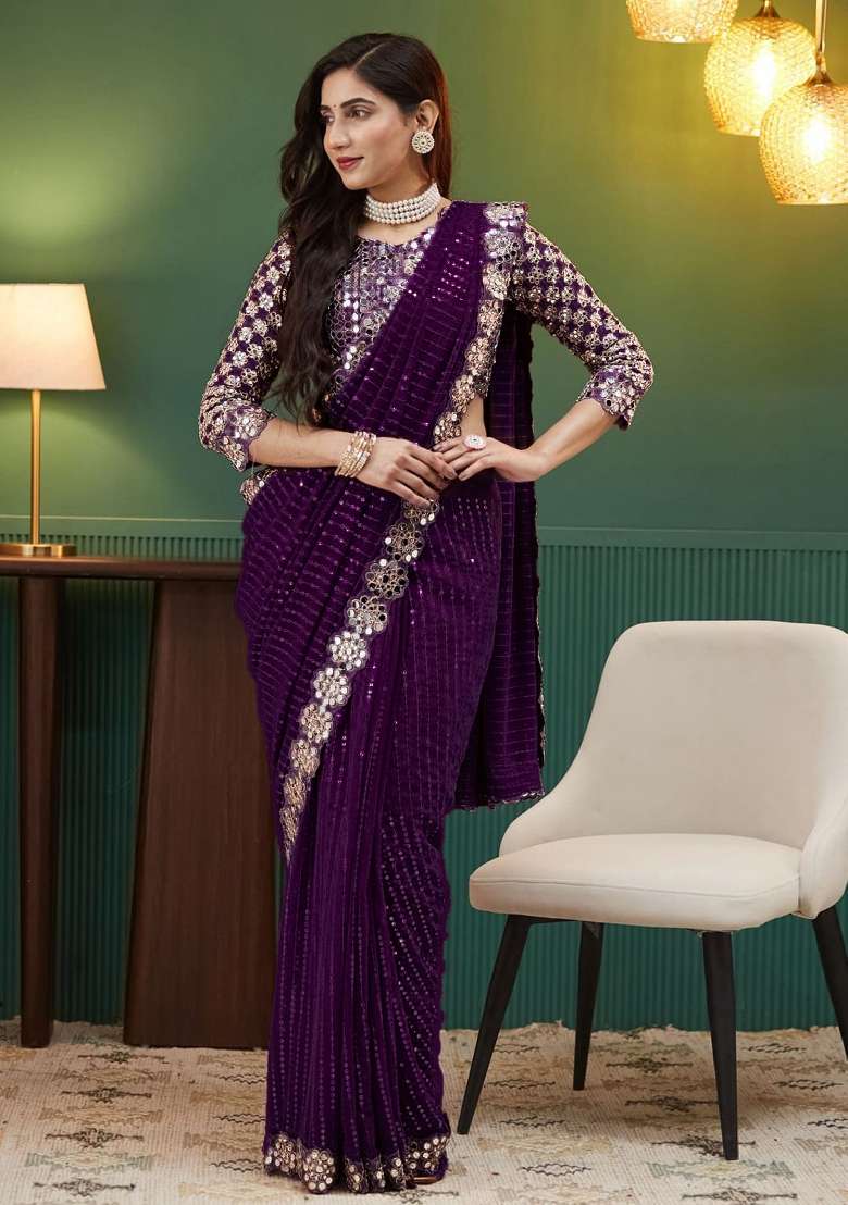 Maroon Sequin Embroidered Georgette Saree Set - Indya