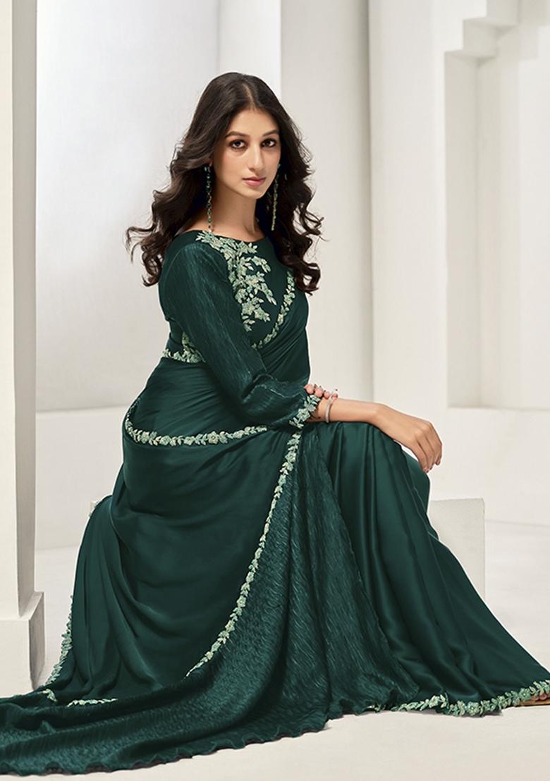 Green Zardosi Work Crepe Saree Set