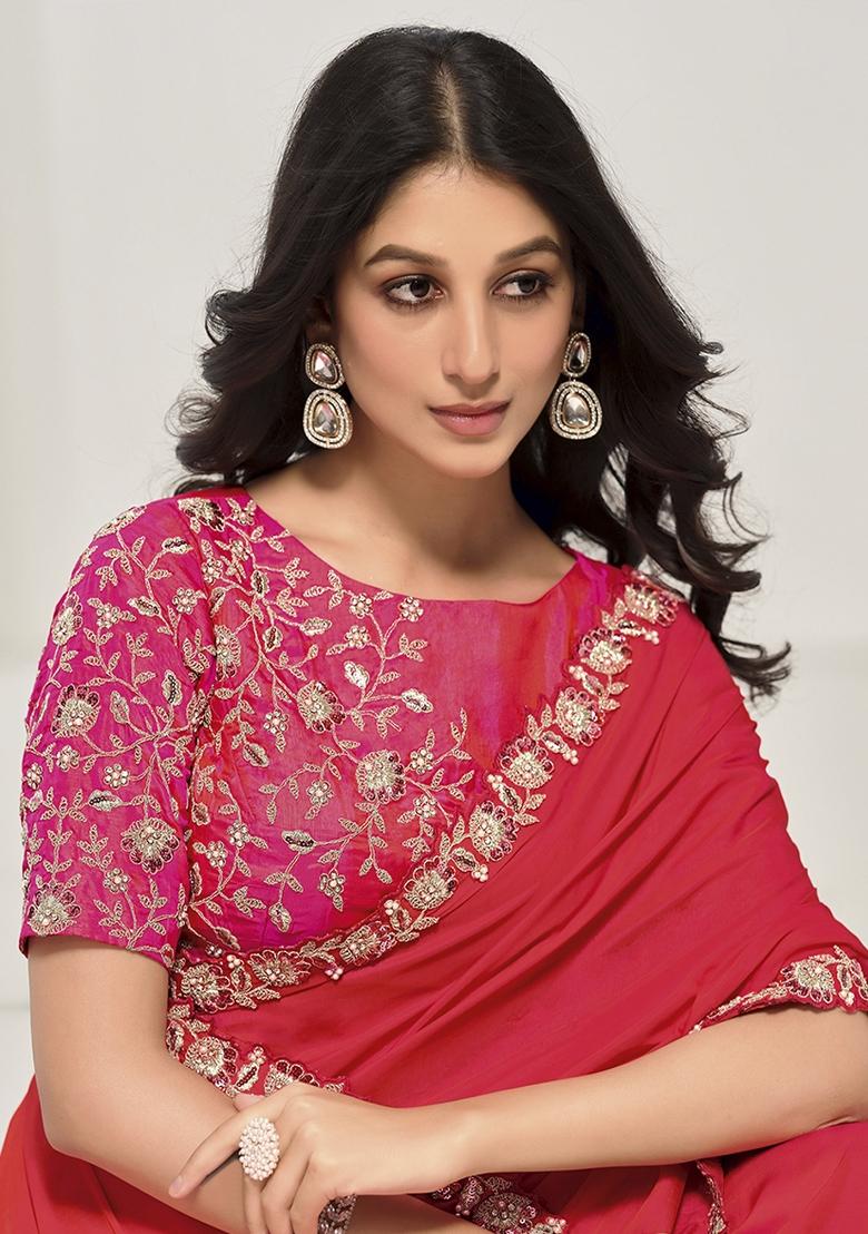 Red Sequin Embroidered Crepe Saree Set