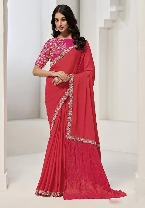 Red Sequin Embroidered Crepe Saree Set