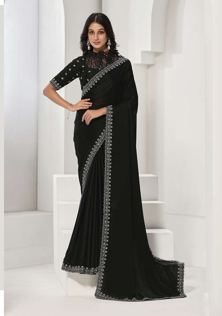 Black Sequin Embroidered Crepe Saree Set - Indya