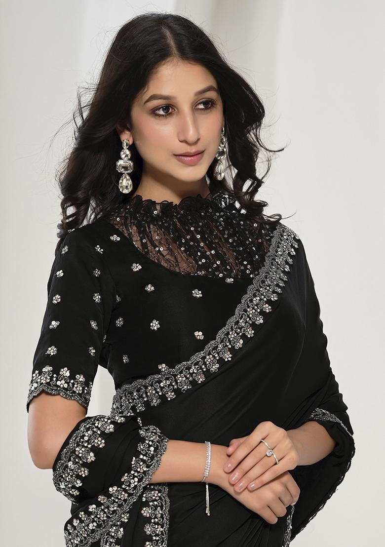 Black Sequin Embroidered Crepe Saree Set