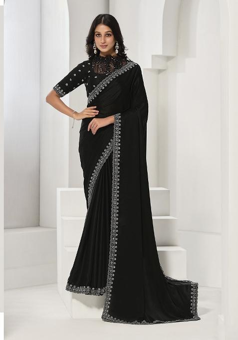 Black Sequin Embroidered Crepe Saree Set