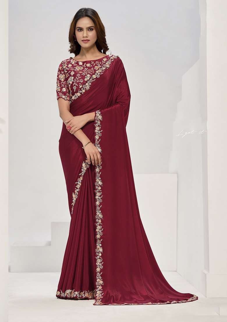 Maroon Hand Work Crepe Saree Set - Indya