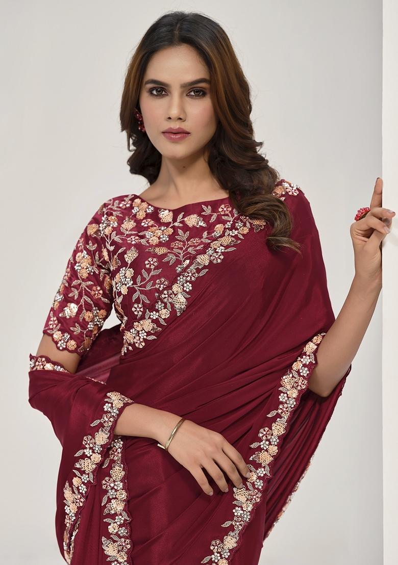 Maroon Hand Work Crepe Saree Set
