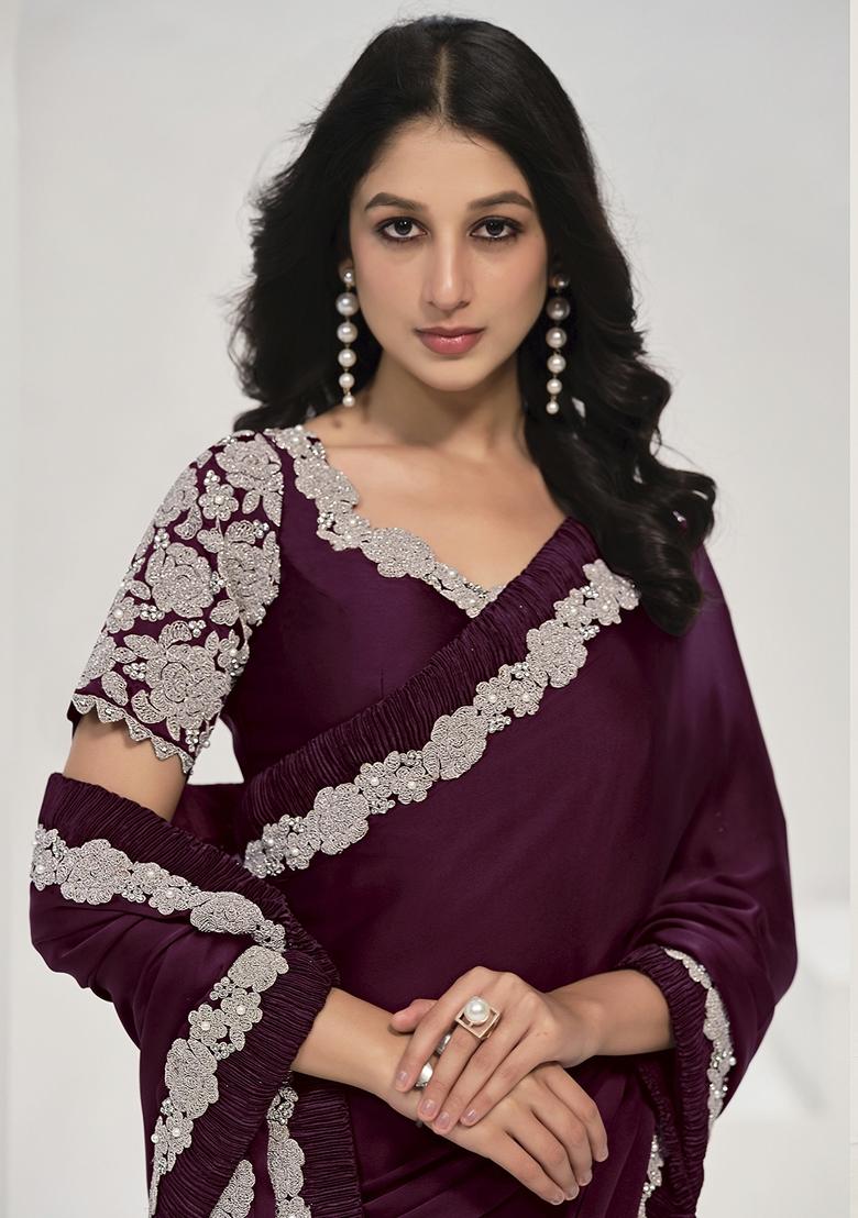 Maroon Hand Work Crepe Saree Set