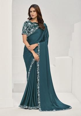 Teal Blue Sequin Embroidered Crepe Saree Set