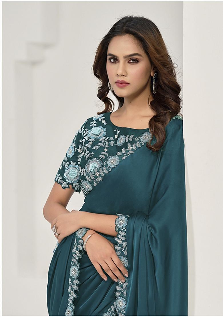 Teal Blue Sequin Embroidered Crepe Saree Set