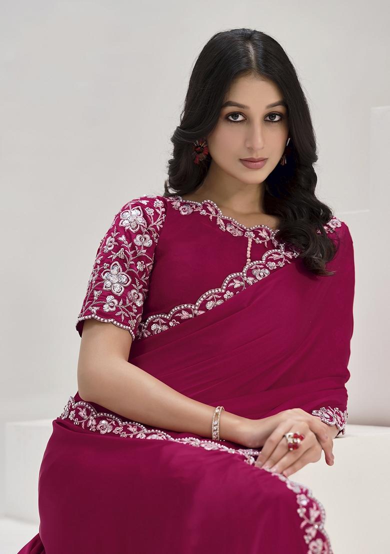 Pink Hand Work Crepe Saree Set