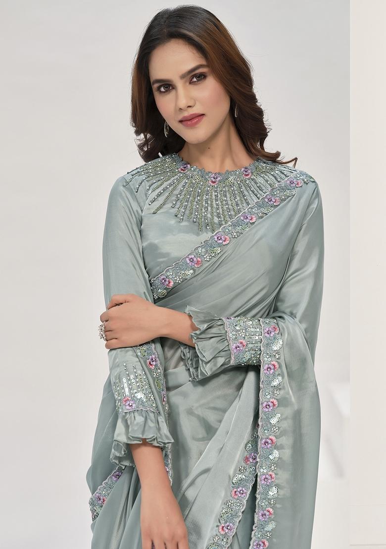 Sea Green Hand Work Crepe Saree Set