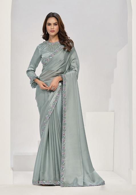 Sea Green Hand Work Crepe Saree Set