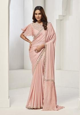 Peach Sequin Embroidered Crepe Saree Set