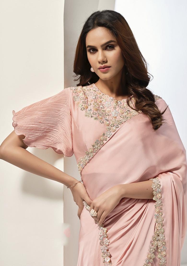 Peach Sequin Embroidered Crepe Saree Set