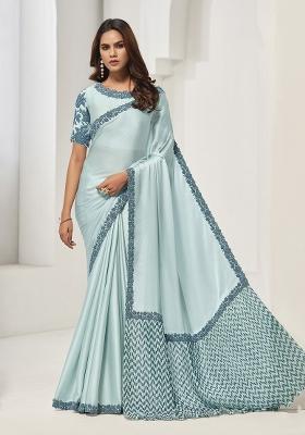Light Blue Zardosi Work Crepe Saree Set