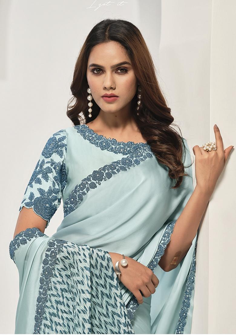 Light Blue Zardosi Work Crepe Saree Set