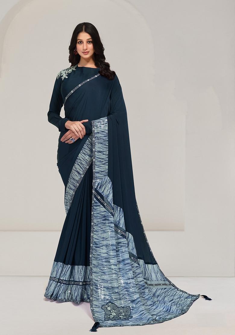 Teal Blue Sequin Embroidered Crepe Saree Set