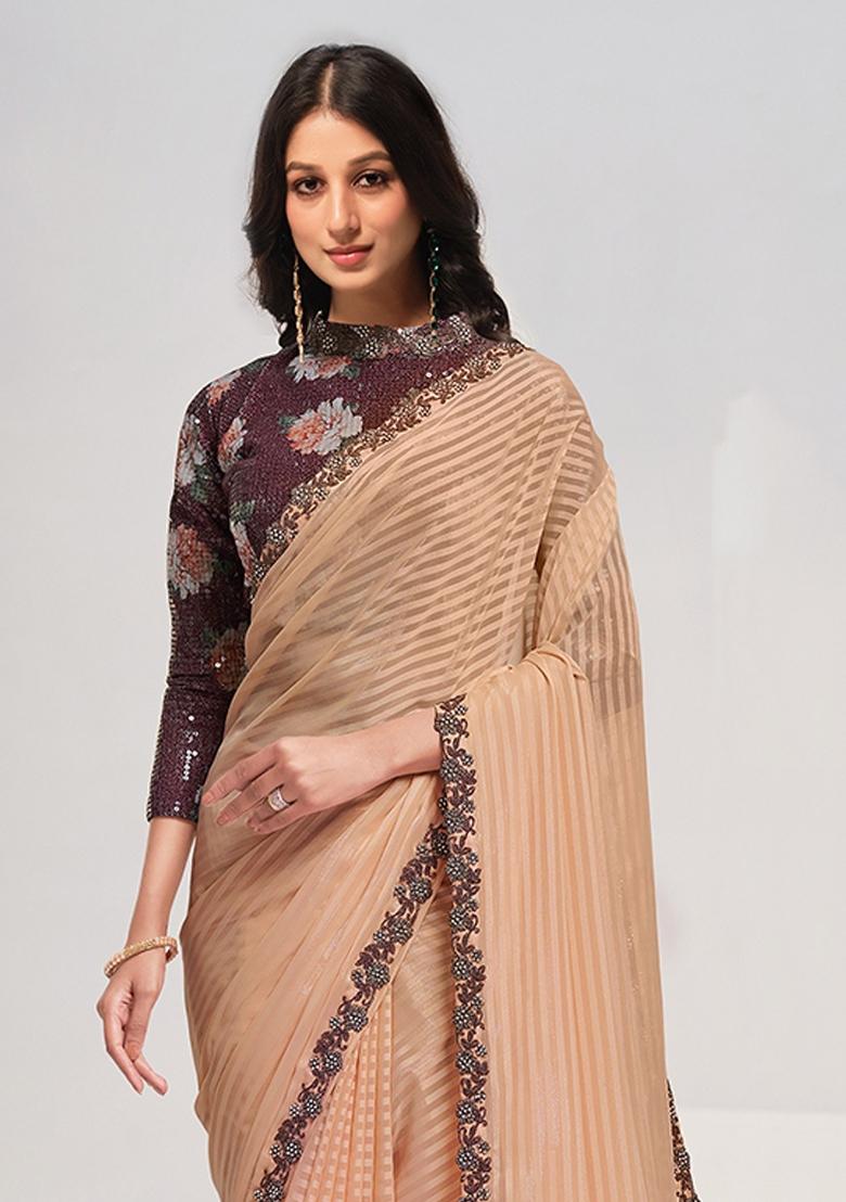 Peach Embroidered Georgette Saree Set