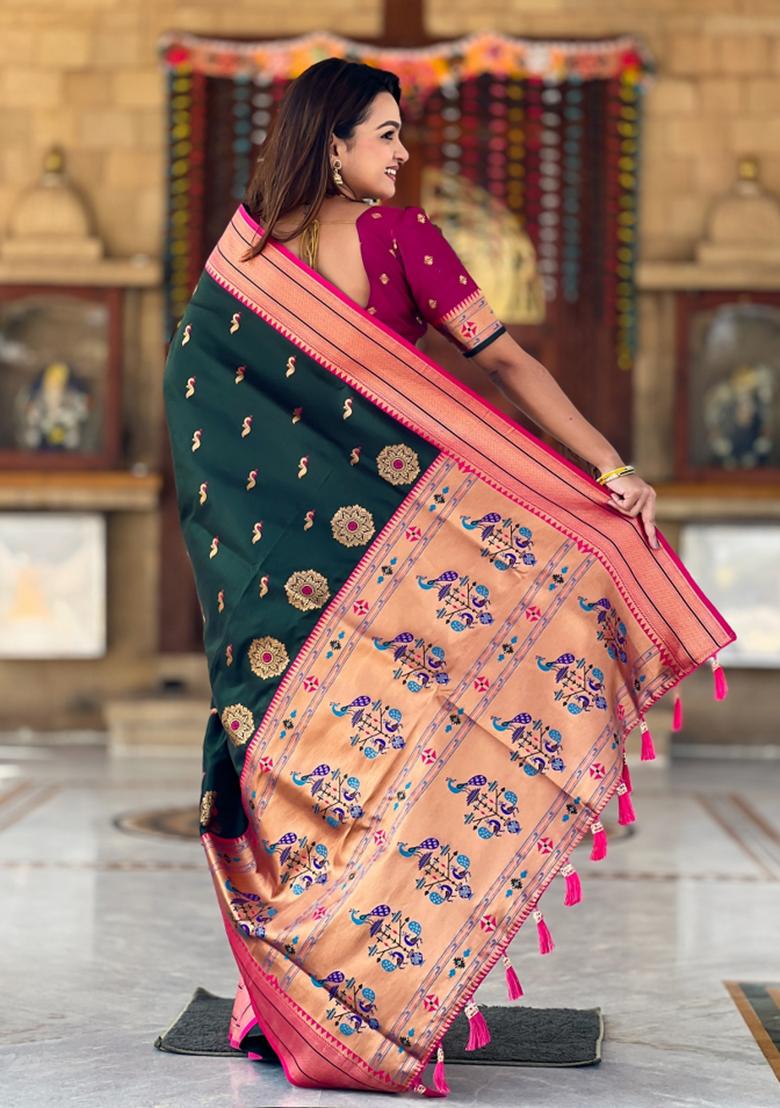 Green Woven Paithani Silk Saree Set