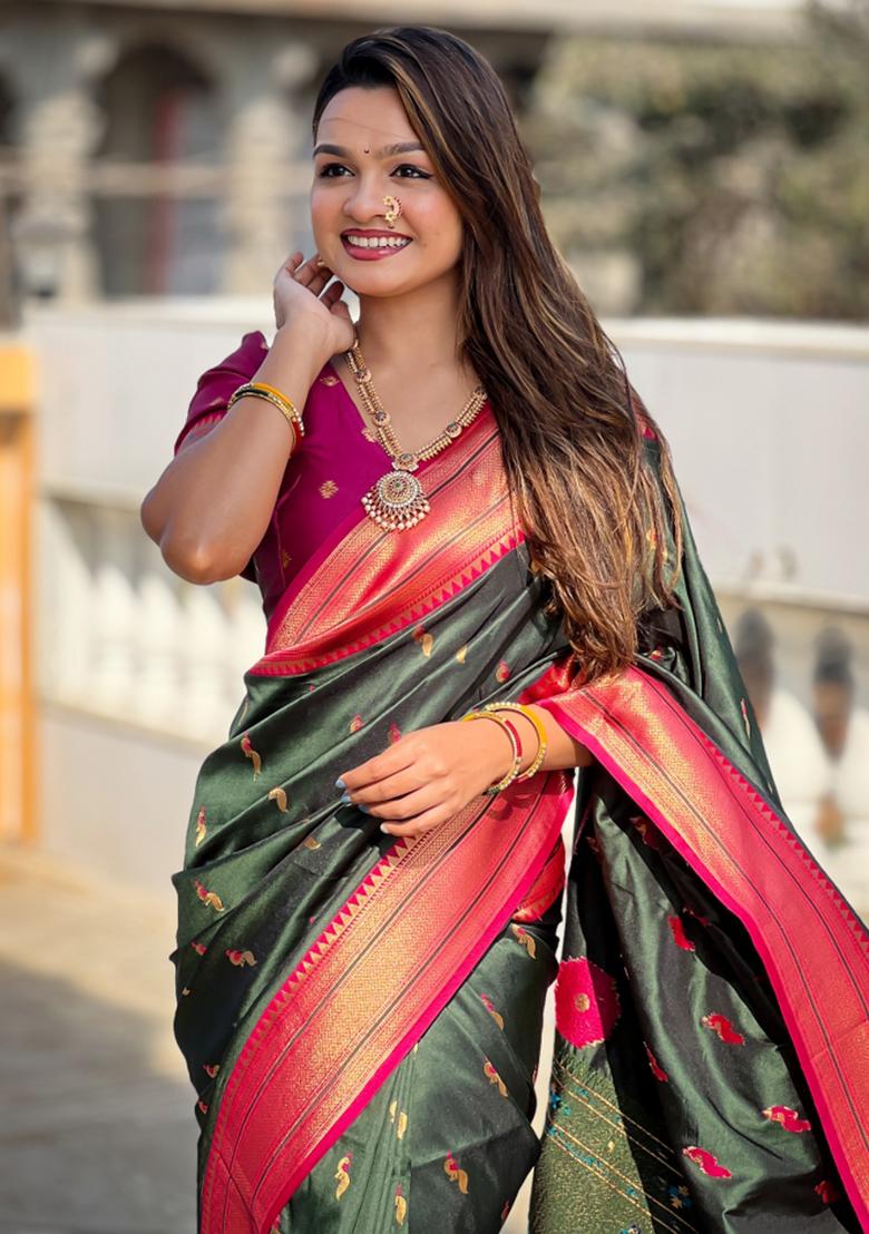 Green Woven Paithani Silk Saree Set