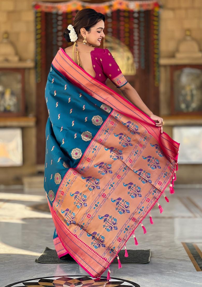 Teal Blue Woven Paithani Silk Saree Set