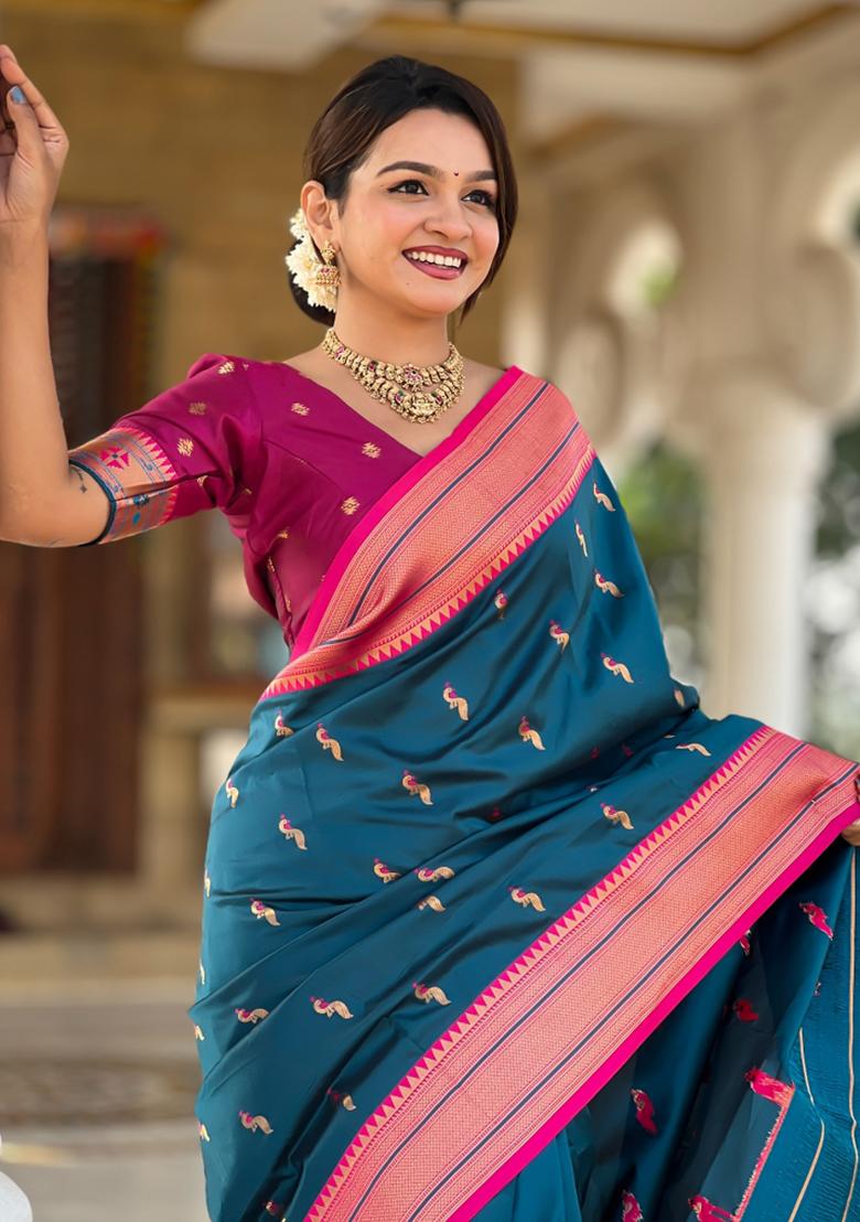Teal Blue Woven Paithani Silk Saree Set