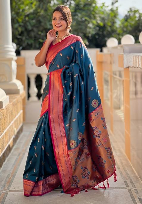 Teal Blue Woven Paithani Silk Saree Set