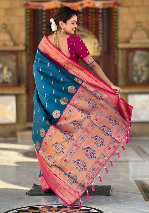 Teal Blue Woven Paithani Silk Saree Set