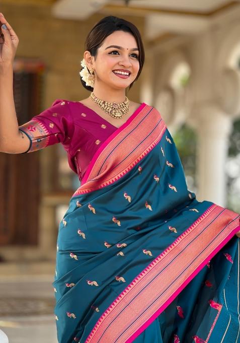 Teal Blue Woven Paithani Silk Saree Set