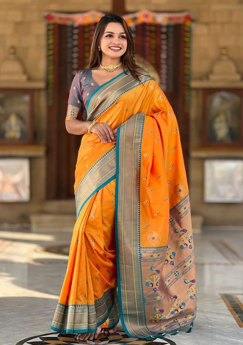 Mustard Yellow Woven Paithani Silk Saree Set - Indya