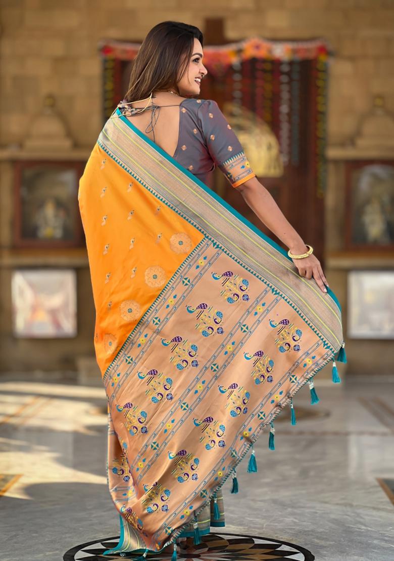 Mustard Yellow Woven Paithani Silk Saree Set