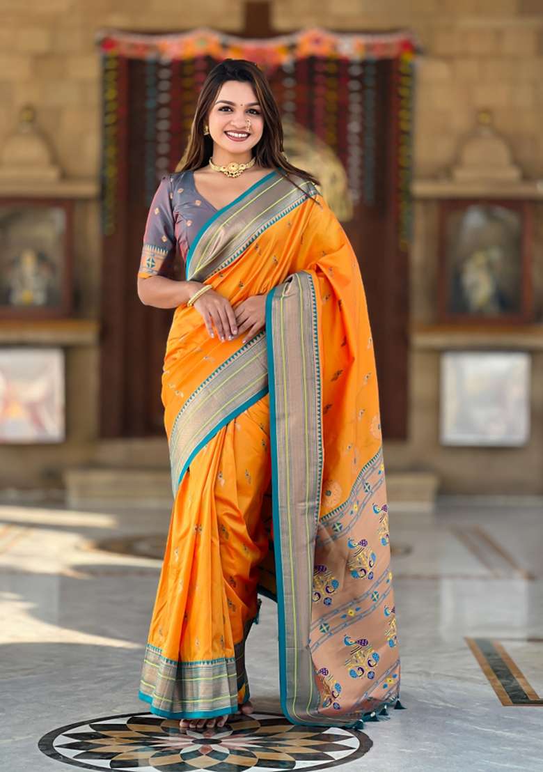 Mustard Yellow Woven Paithani Silk Saree Set - Indya