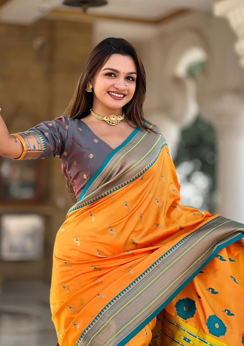 Mustard Yellow Woven Paithani Silk Saree Set