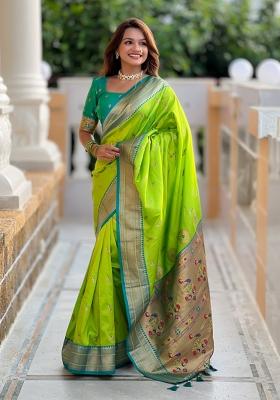 Parrot Green Woven Paithani Silk Saree Set
