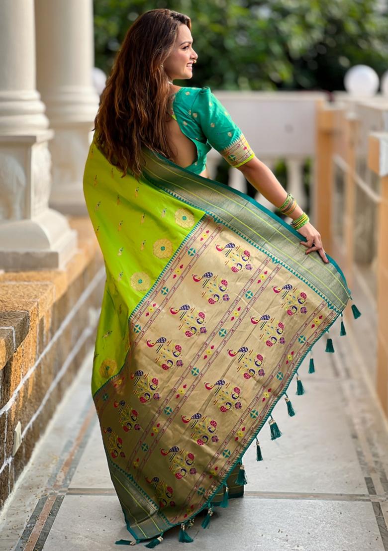 Parrot Green Woven Paithani Silk Saree Set