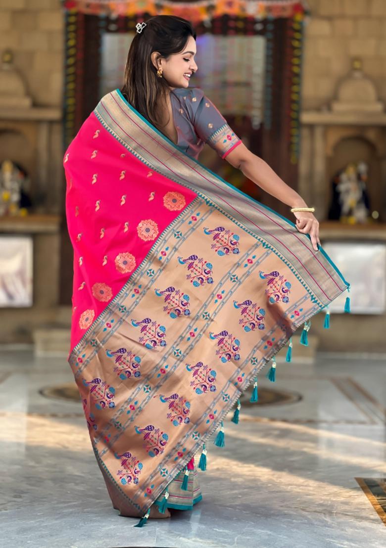 Pink Woven Paithani Silk Saree Set