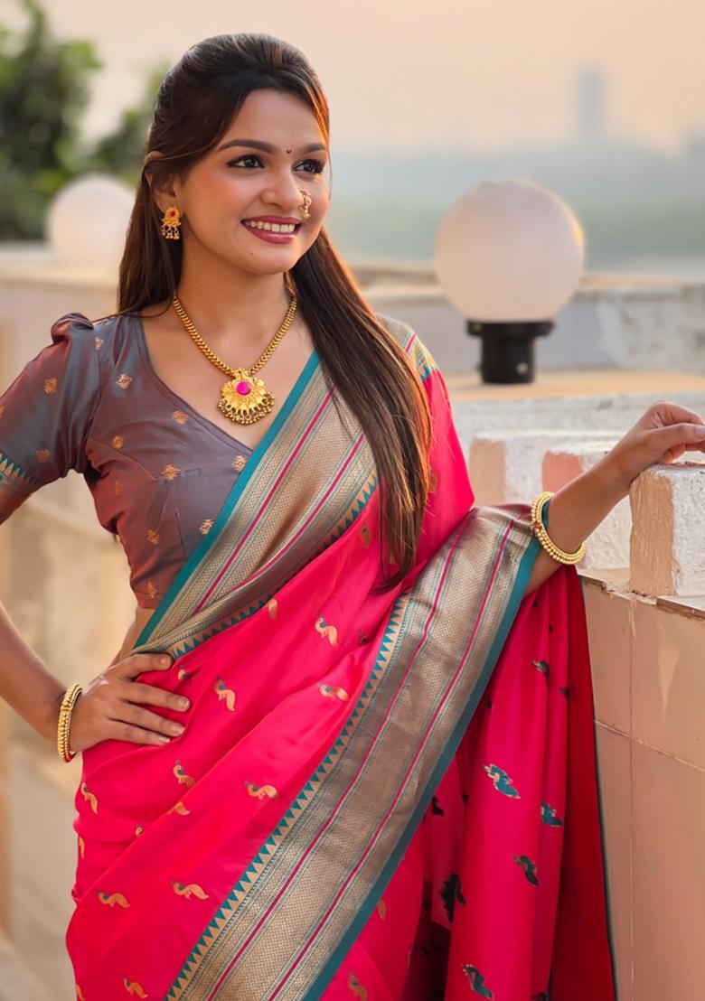 Pink Woven Paithani Silk Saree Set