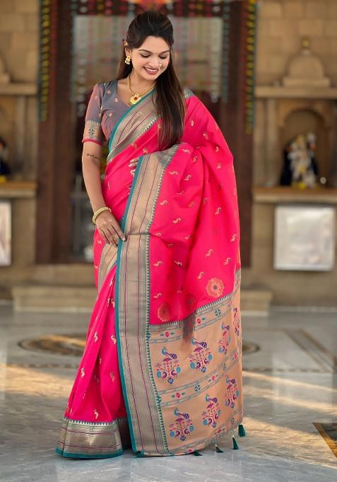 Pink Woven Paithani Silk Saree Set