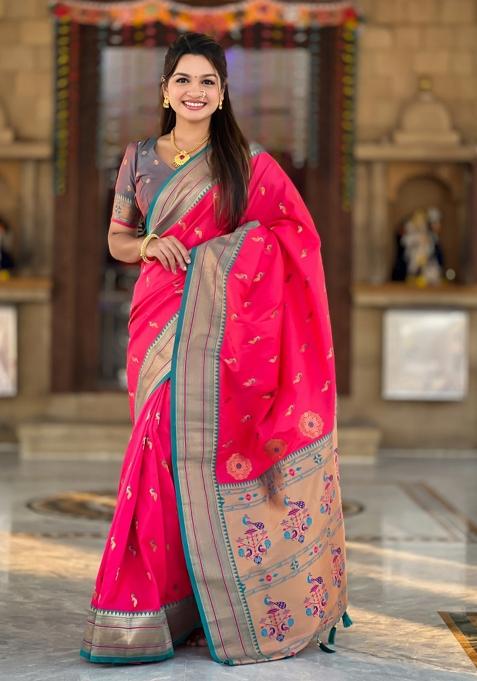 Pink Woven Paithani Silk Saree Set