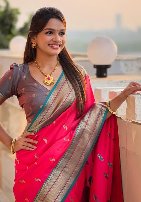 Pink Woven Paithani Silk Saree Set