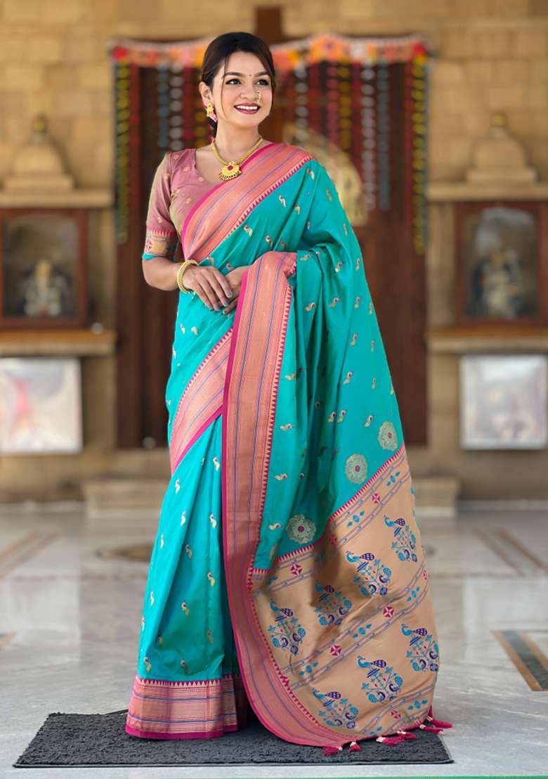 Rama Green Woven Paithani Silk Saree Set - Indya