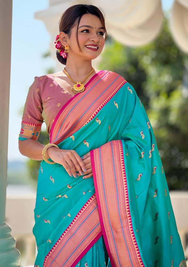 Rama Green Woven Paithani Silk Saree Set