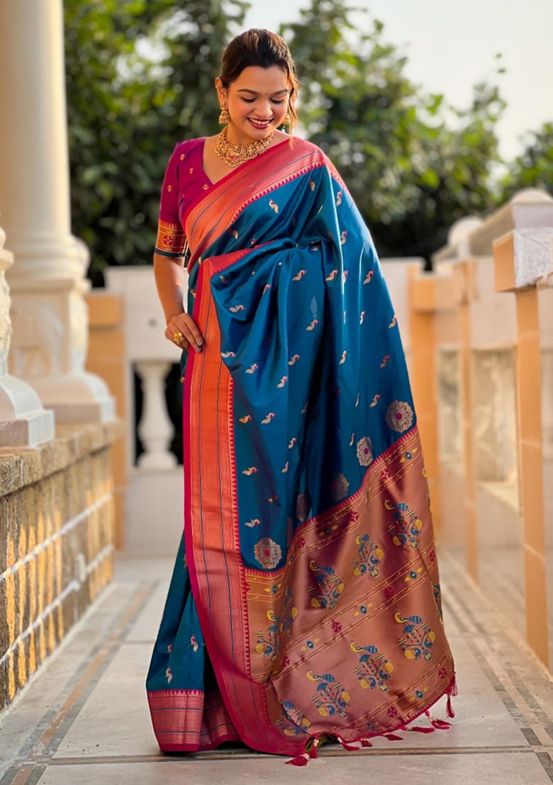Blue Woven Paithani Silk Saree Set