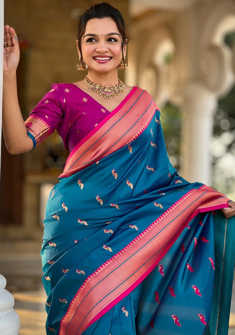 Blue Woven Paithani Silk Saree Set
