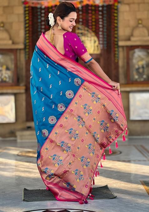 Blue Woven Paithani Silk Saree Set