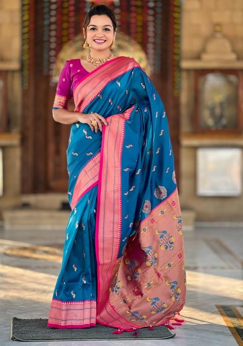 Blue Woven Paithani Silk Saree Set