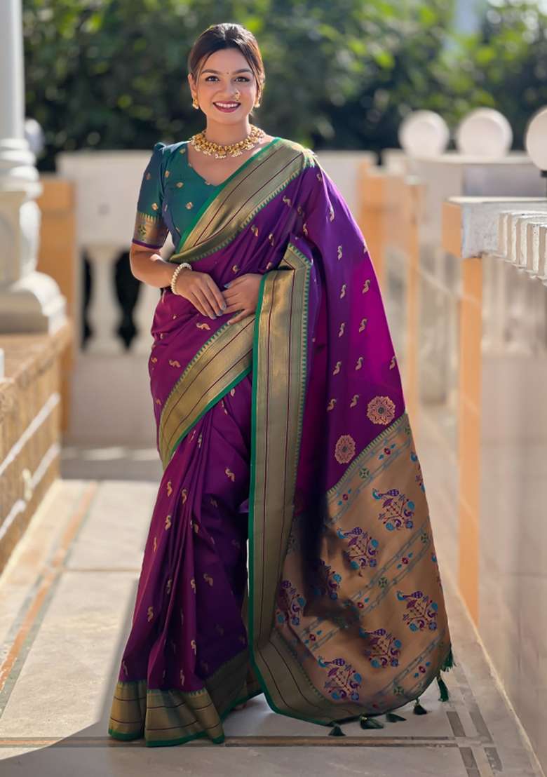 Maroon Woven Paithani Silk Saree Set - Indya