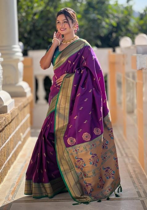 Maroon Woven Paithani Silk Saree Set