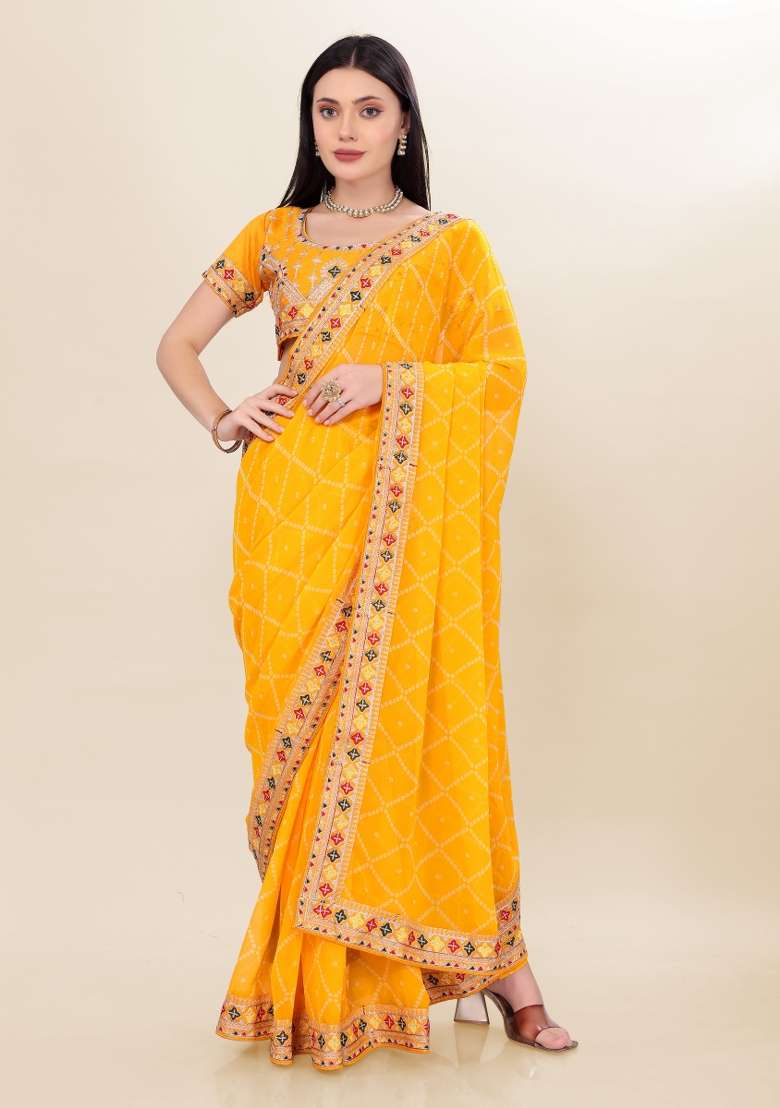 Yellow Bandhani Print Georgette Saree Set - Indya